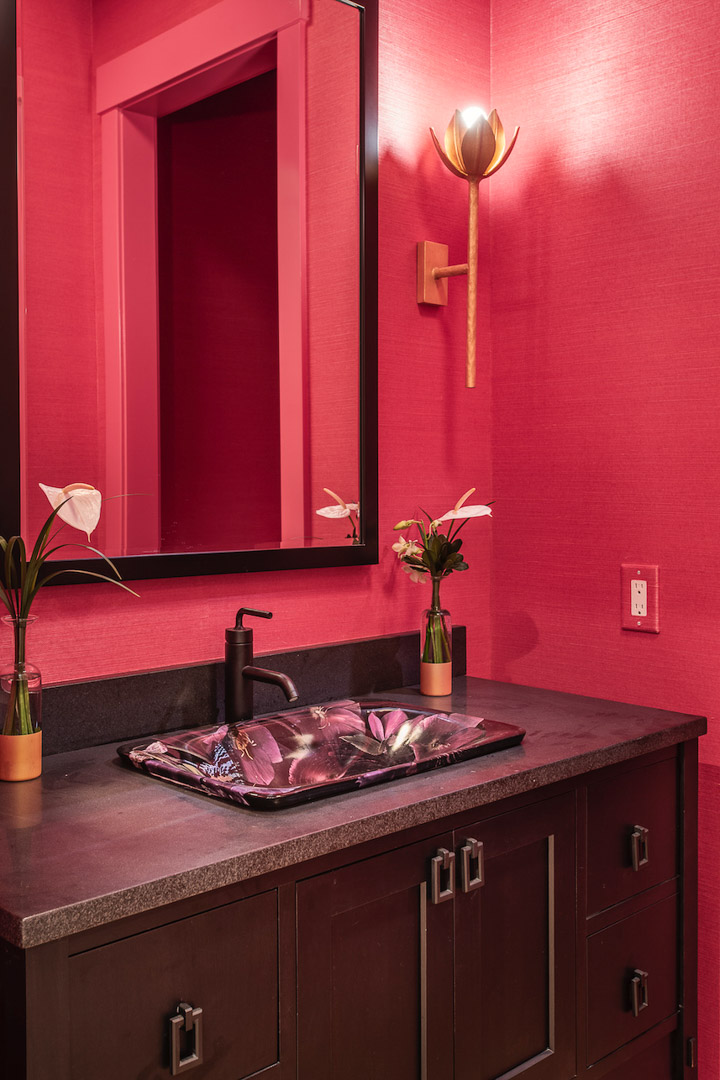 Philadelphia Magazine Design Home 2019 bathroom with custom vanity and floral pattern sink