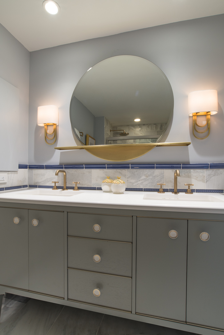 Winslow Interiors Interior Design - double sink vanity with round mirror